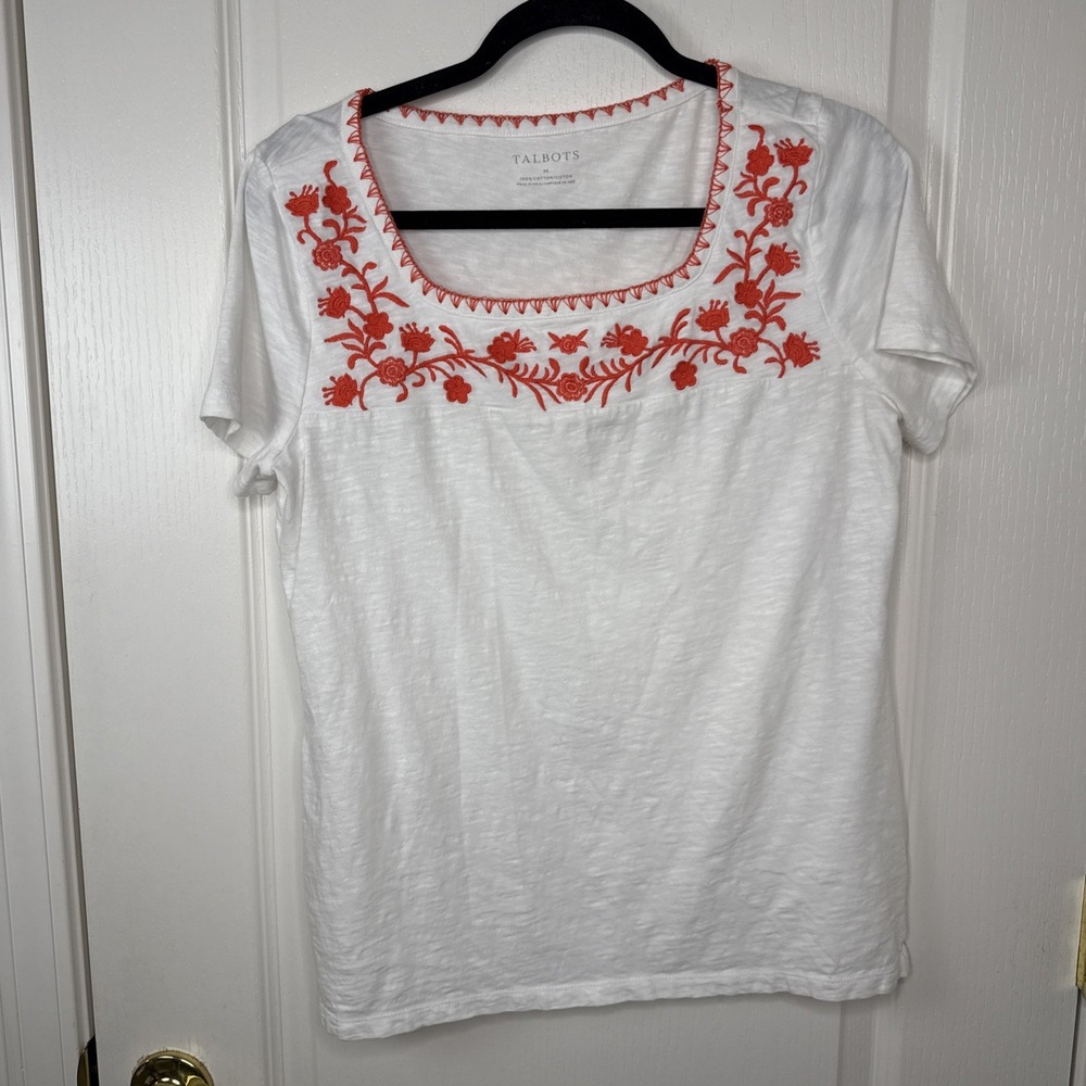 Talbots Womens M White Coral Embroidered Top Short Sleeve Cotton Boho Peasant